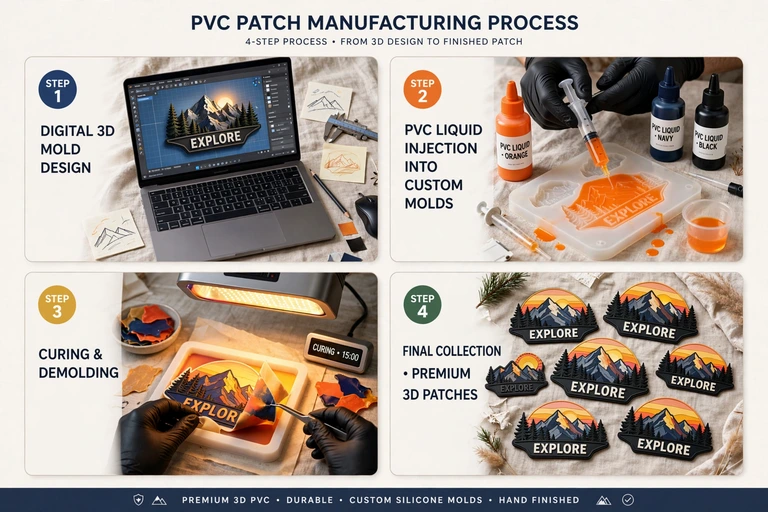 Four-step PVC patch process: 3D mold design, liquid PVC injection, curing and demolding, and finished Explore mountain patches