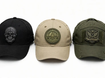 Three baseball caps with molded PVC patches, including skull, compass, and shield designs