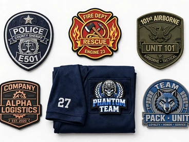 Police, fire, airborne, logistics, and team PVC patches, one shown on a jersey sleeve
