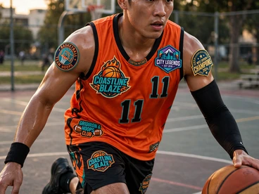Basketball player in an orange jersey wearing multiple full-color sublimated team and club patches