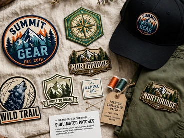 Sublimated brand patches on a black cap and green apparel, including Summit Gear and Alpine Co designs