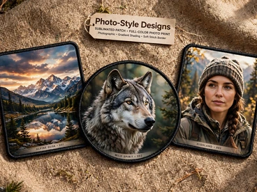 Three photo-style sublimated patches showing a mountain landscape, a wolf portrait, and an outdoor portrait