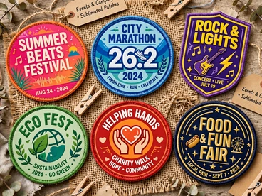 Colorful sublimated event patches for festivals, marathons, concerts, charity walks, and local fairs