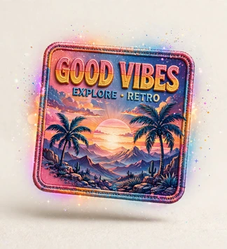 Square Good Vibes Explore Retro sublimated patch with a colorful desert sunset and palm trees