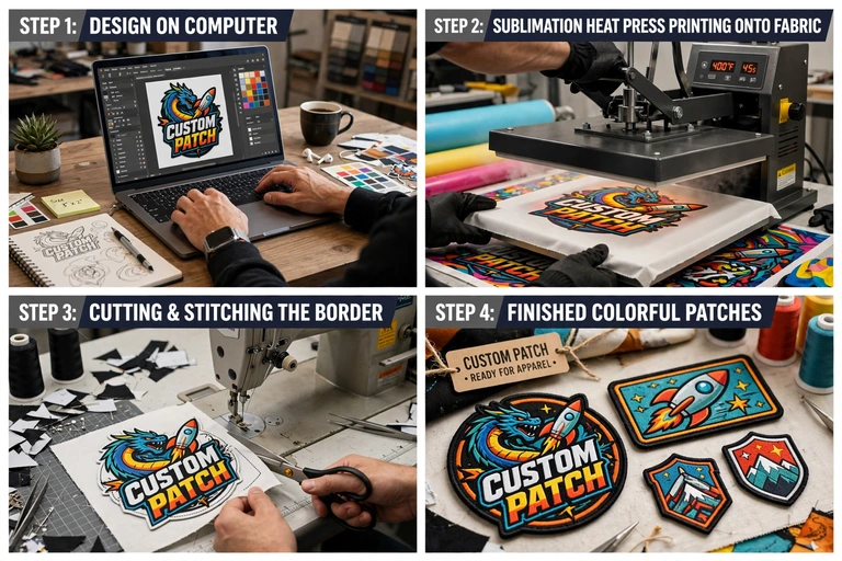 Four-step sublimated patch process: design on computer, heat press printing, cutting and stitching the border, and finished colorful patches