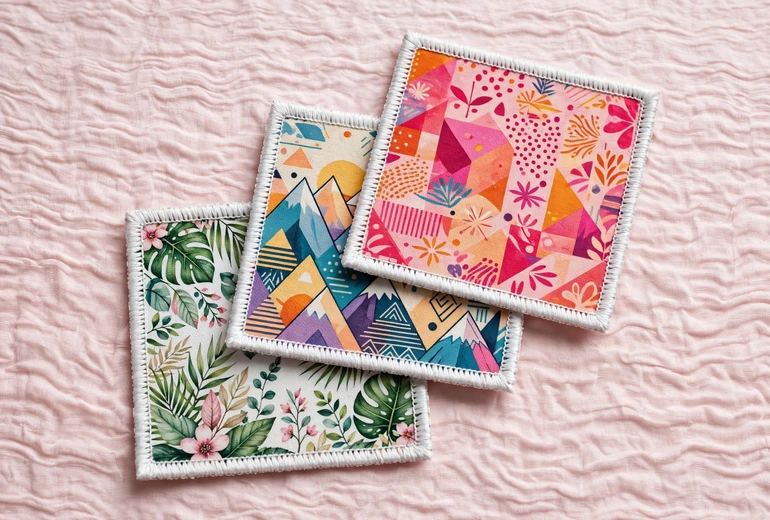 Three square sublimated patches with white merrowed borders showing floral, geometric mountain, and abstract colorful designs