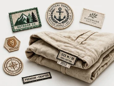 Assorted woven brand labels and logo patches beside a folded garment with a size label