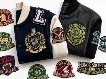 School and club woven patches on varsity jackets, including debate, robotics, and honor society designs