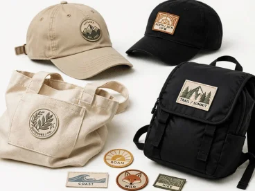 Woven outdoor patches on baseball caps, a tote bag, and a backpack
