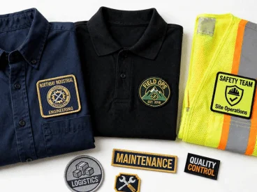 Woven logo patches on a navy work shirt, black polo, and high-visibility safety vest