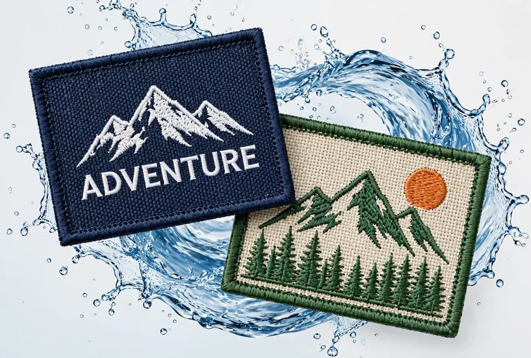 Two woven patches with mountain designs, one navy with the word Adventure and one cream with a forest and sun